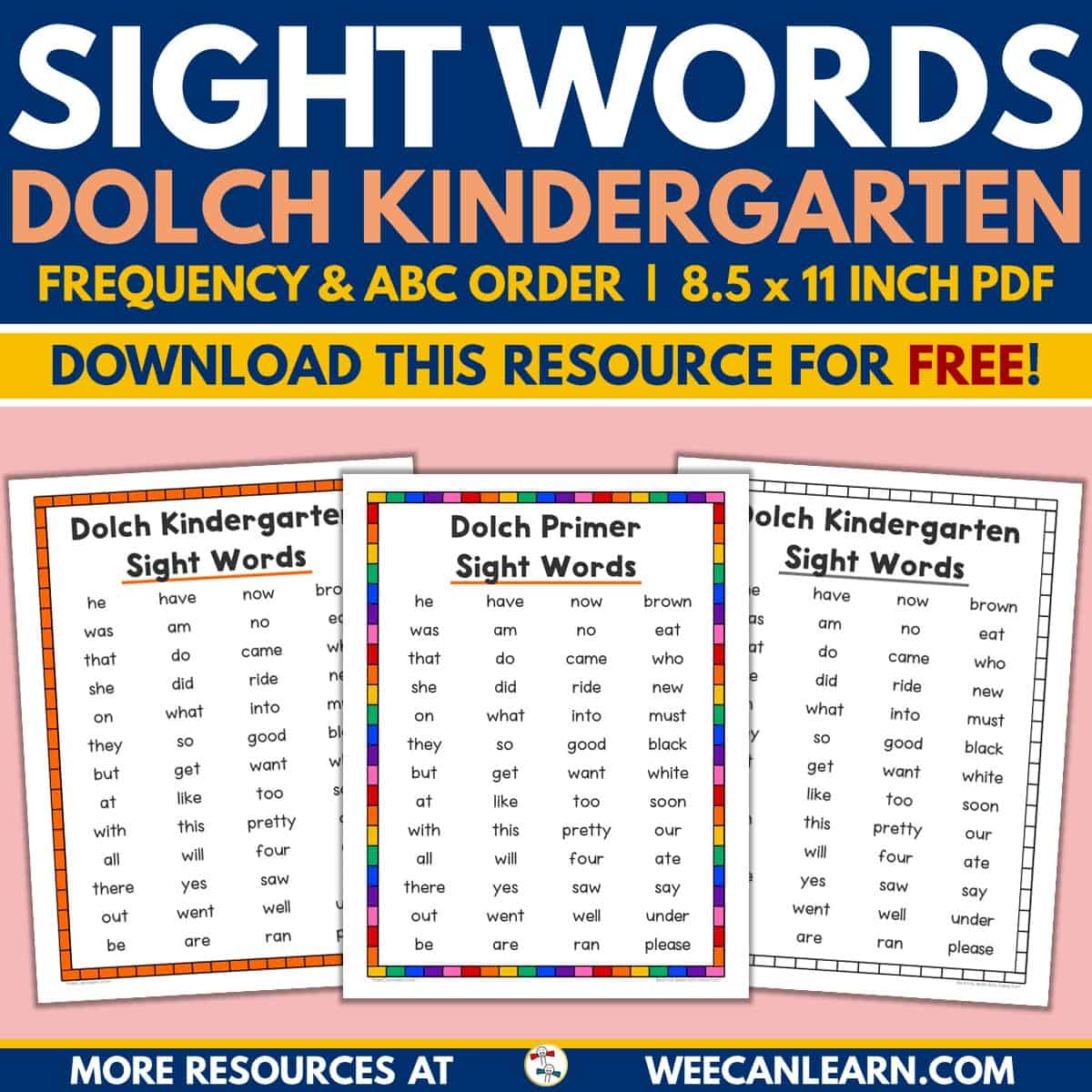 Kindergarten Dolch Sight Word List Alphabetical Frequency Free